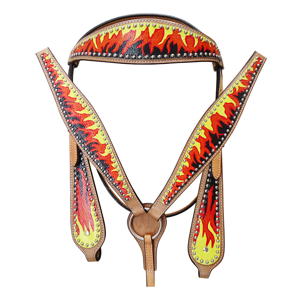 HILASON Western Horse Leather Headstall &amp; Breast Collar Tack Set Flame