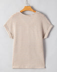 Stripe Button Front V-Neck Knitted T-Shirt