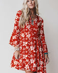 Boho Floral Lettuce Trim 3/4 Sleeve Mini Dress