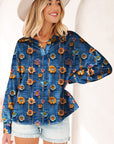 Floral Patchwork Long Sleeve Collared V-Neck Blouse