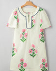 Floral Short Sleeve Split Neck Mini Dress