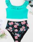 Solid Ruffle Top & Floral Bikini Set