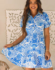 Floral Half-Button Front Collared Ruffle Mini Dress