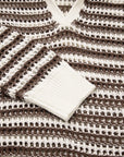 Stripe Eyelet Contrast Collared V-Neck Sweater