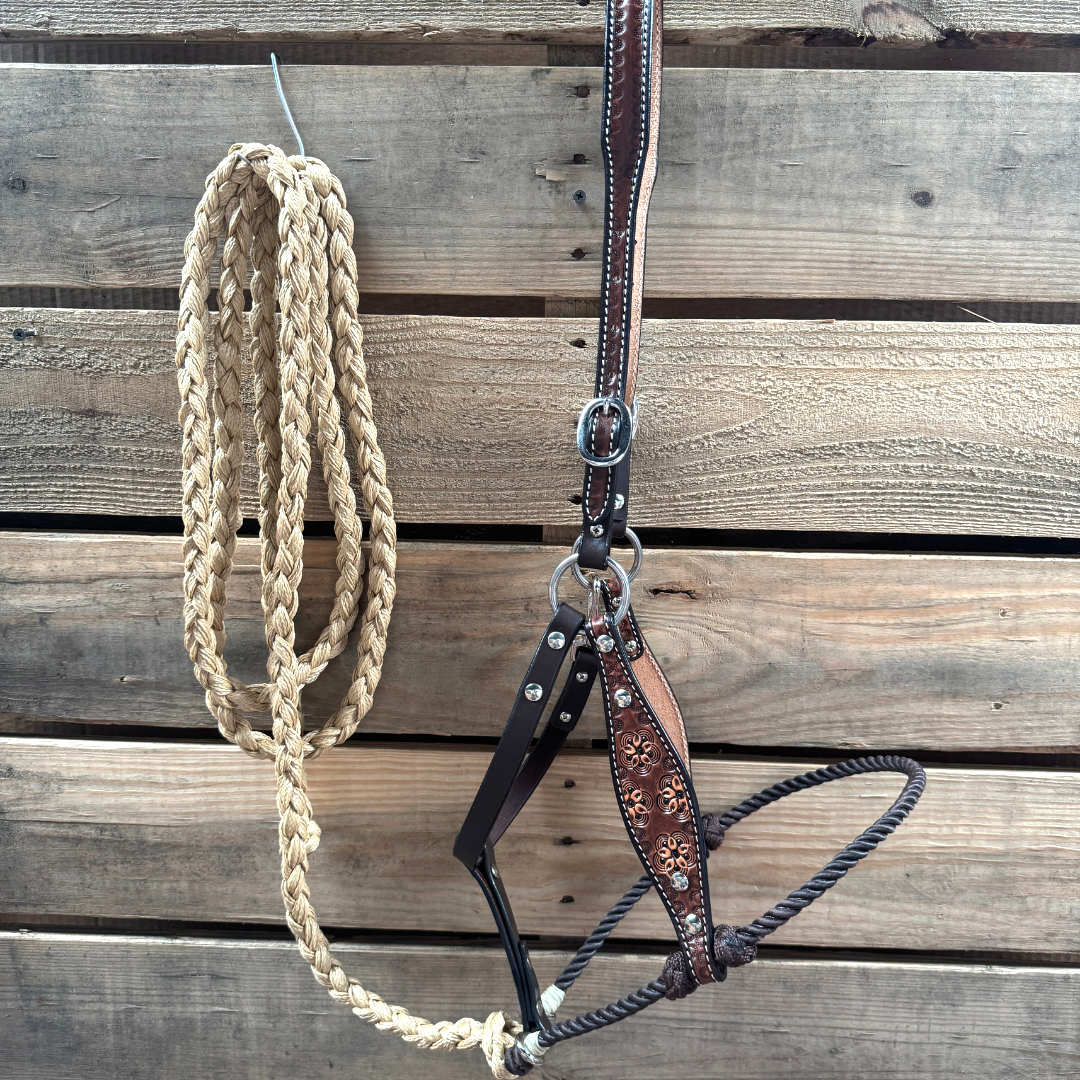 Brown Flower Power Tooled Lariat &amp; Leather Combo Halter