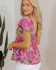 Floral Sweetheart Neck Flutter Sleeve Blouse