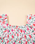 Floral Puff Sleeve Square Neck Tiered Dress