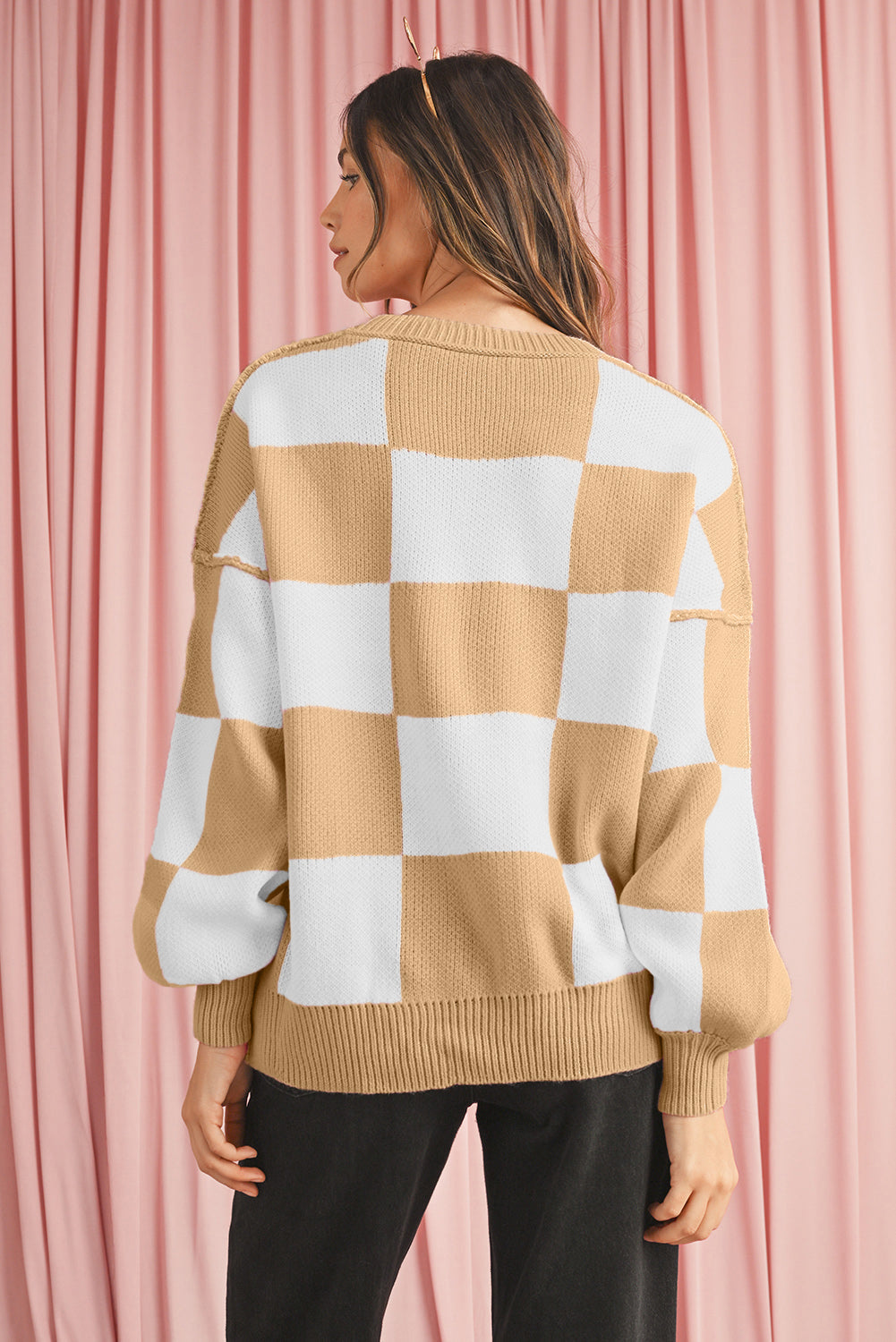 Checkered Bishop Sleeve Pullover Sweater