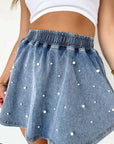 Denim Pearl Embellish Elastic Waist Mini Skort