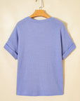 Solid Waffle Knit V-Neck Short Sleeve Top