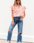 Floral Ruffle Sleeve Split Neck Blouse