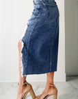 Denim Asymmetrical Distressed Midi Skirt