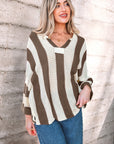 Colorblock Stripe V-Neck 3/4 Sleeve Sweater