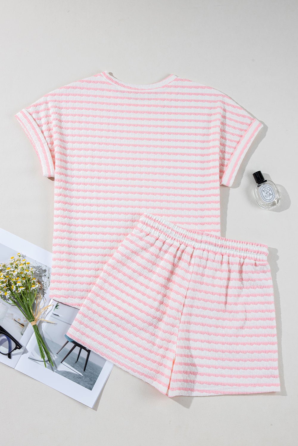 Stripe Knitted Top &amp; Drawstring Shorts Set