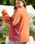Plus Size Textured Knit Patchwork Chest Pocket Top