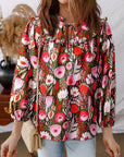 Floral 3/4 Sleeve Lace-Up Neck Blouse