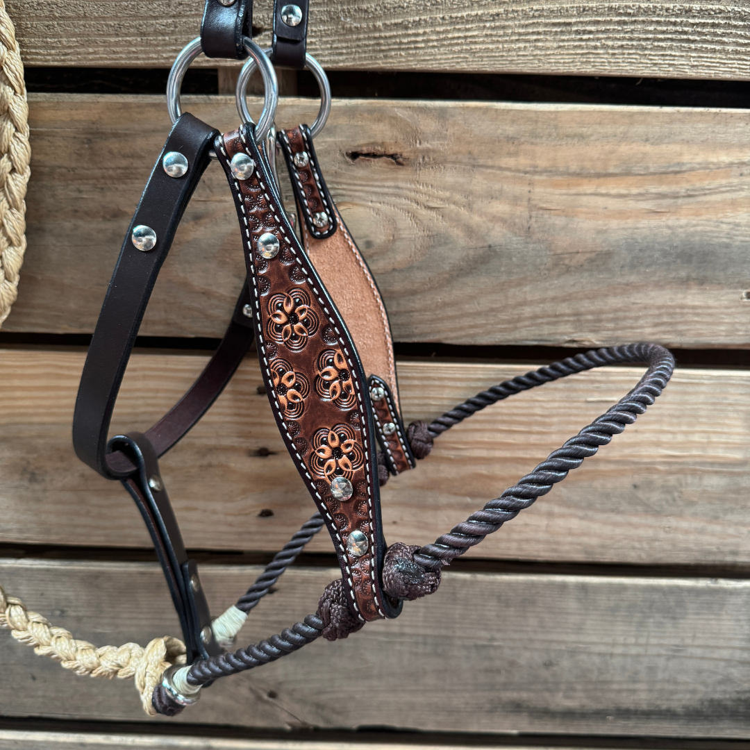 Brown Flower Power Tooled Lariat &amp; Leather Combo Halter