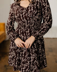 Brown Ditsy Floral Print Split Neck Long Sleeve Shirred Waist Flared Mini Dress