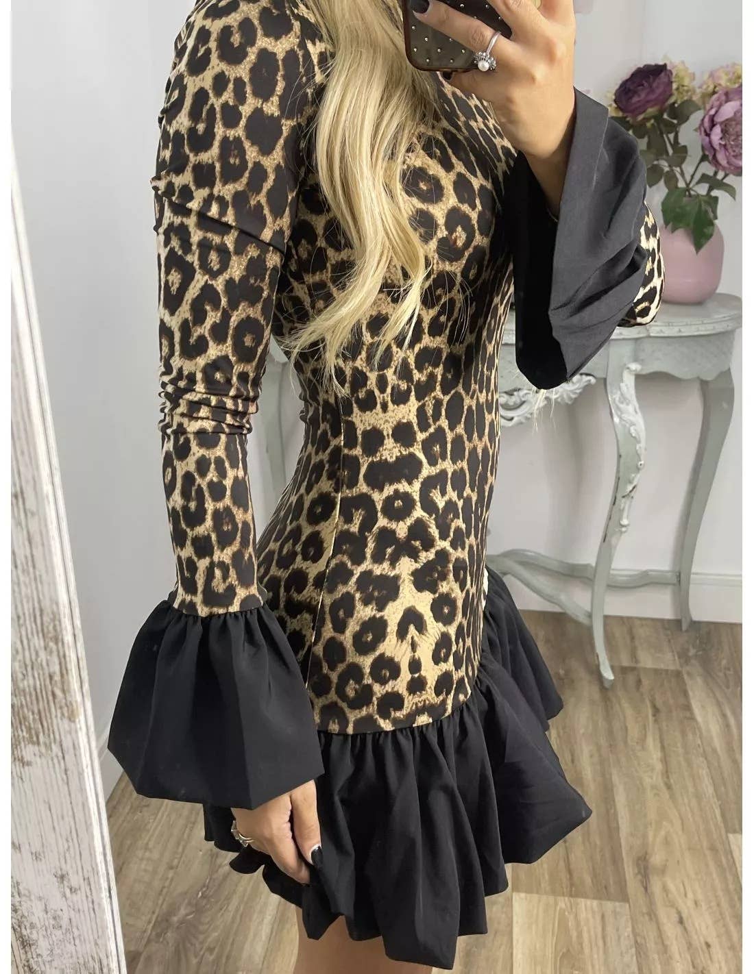 Leopard Print Panelled Flared Sleeve Slim Mini Dress