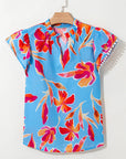 Floral V-Neck Pompom Trim Flutter Sleeve Blouse