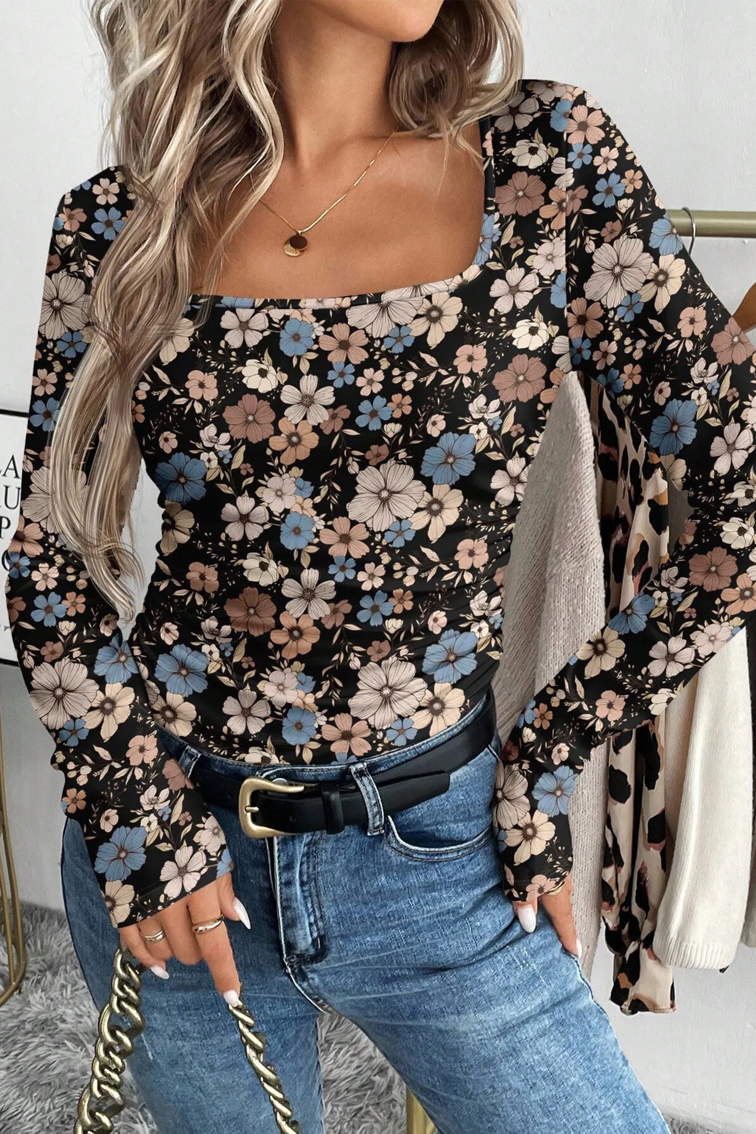 Leopard &amp; Floral Square Neck Long Sleeve T-Shirt