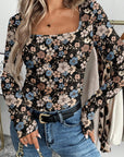 Leopard & Floral Square Neck Long Sleeve T-Shirt