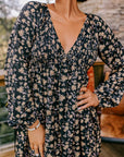 Floral Smocked V-Neck Bubble Sleeve Babydoll Dress