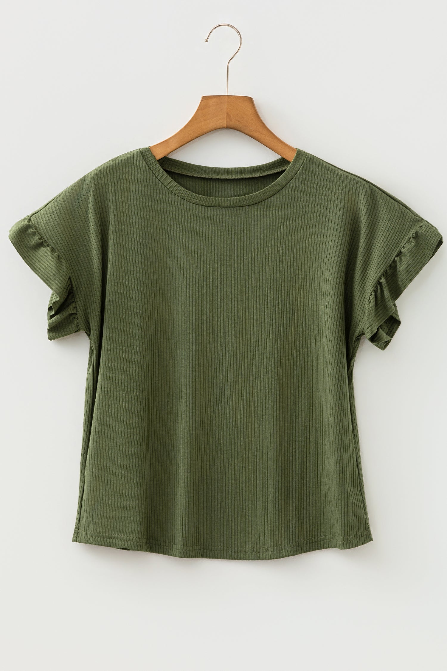Solid Ribbed Knit Ruffle Short Sleeve T-Shirt