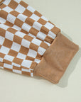 Khaki Striped Checkered Mixed Print Chest Pocket Casual Plus Size Top