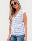 Stripe Buttoned V-Neck Sweater Knit Top