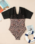Leopard Mesh Patchwork V-Neck 3/4 Sleeve Swimsuit
