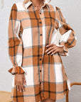 Plaid Collared Neck Ruffle Sleeve Shirt Dress