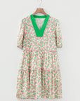 Floral Ricrac Trim Contrast V-Neck Puff Sleeve Dress