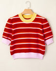 Stripe Colorblock Trim 3/4 Sleeve Sweater Top