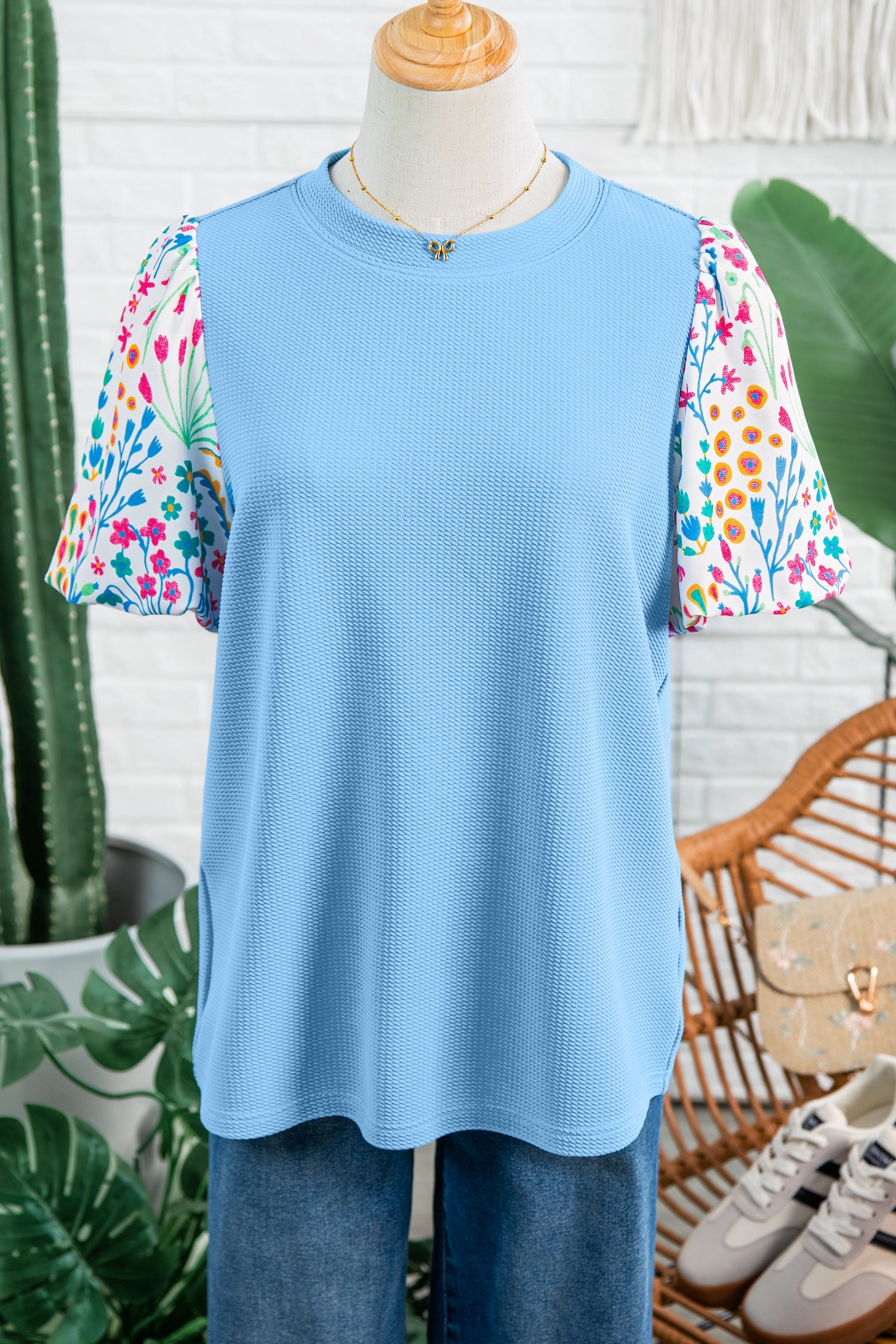 Floral Patchwork Bubble Sleeve Textured Blouse