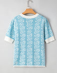 Floral Contrast Crewneck Short Sleeve Sweater