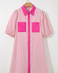 Stripe Patchwork Chest Pocket Mini Shirt Dress