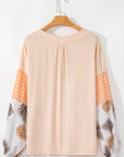 Tropical Polka Dot Patchwork Puff Sleeve V-Neck Blouse