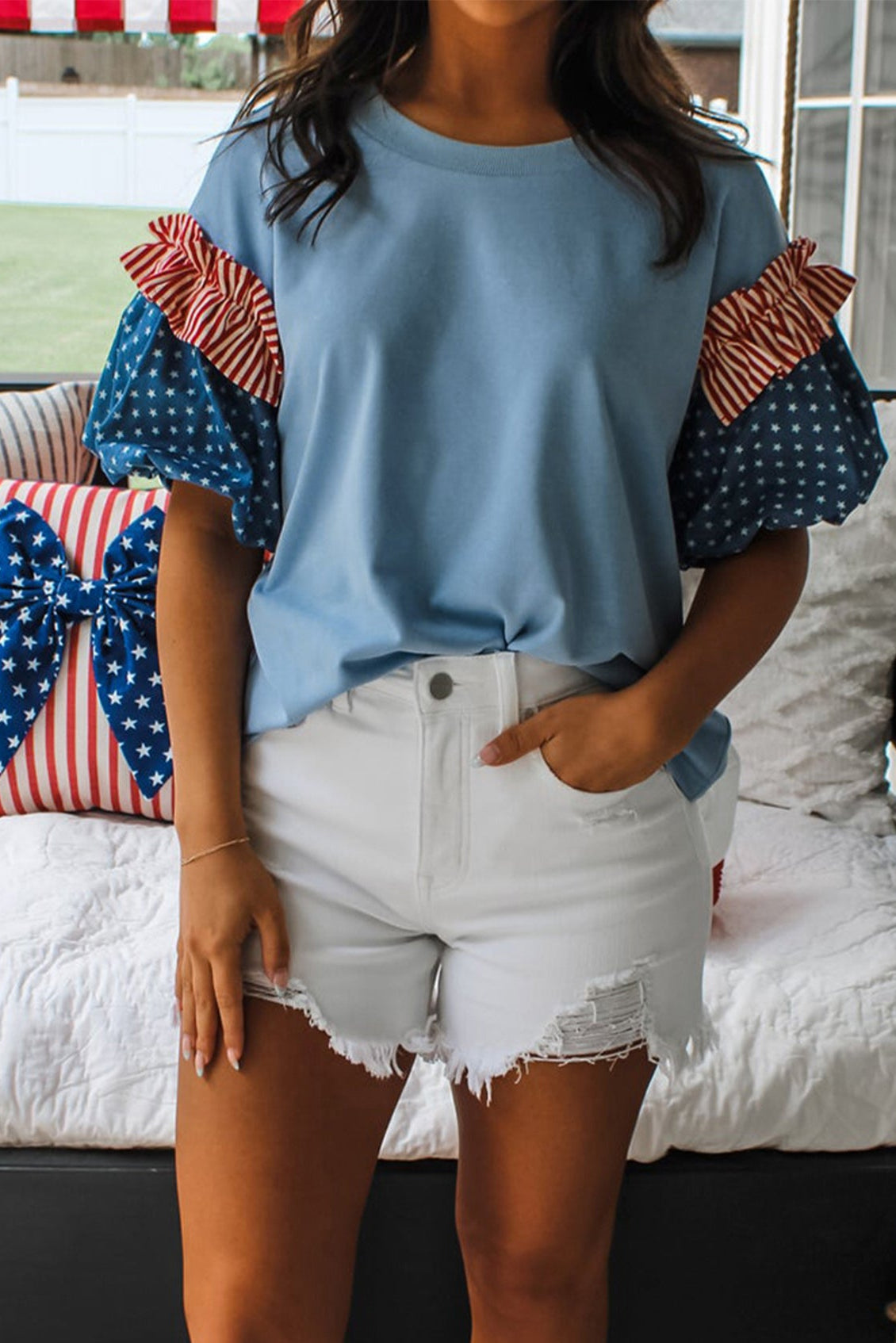 Stars &amp; Stripe Patchwork Short Puff Sleeve Top