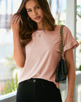 Solid Ribbed Knit Ruffle Short Sleeve T-Shirt