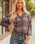 Plaid Quarter-Button Patchwork Long Sleeve Hooded Blouse