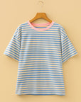Stripe Contrast Crew Neck Drop Shoulder Tee