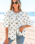 Ezra Bowknot Print Front Knots Bubble Sleeve Blouse