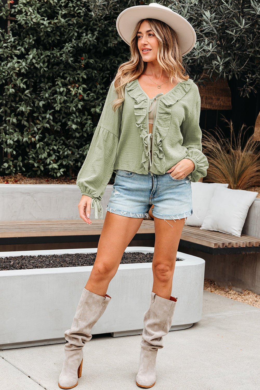 Natalia Bow Tie Front Ruffle Trim Long Sleeve Gauze Blouse