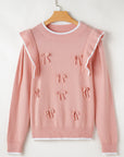 Bow Tie Ruffle Long Sleeve Ribbed Trim Sweater