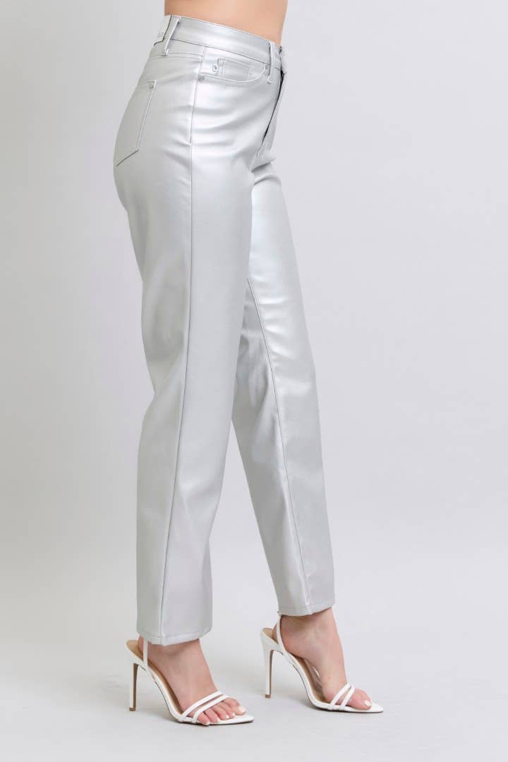 Tummy Control Metallic Silver Faux Leather Straight