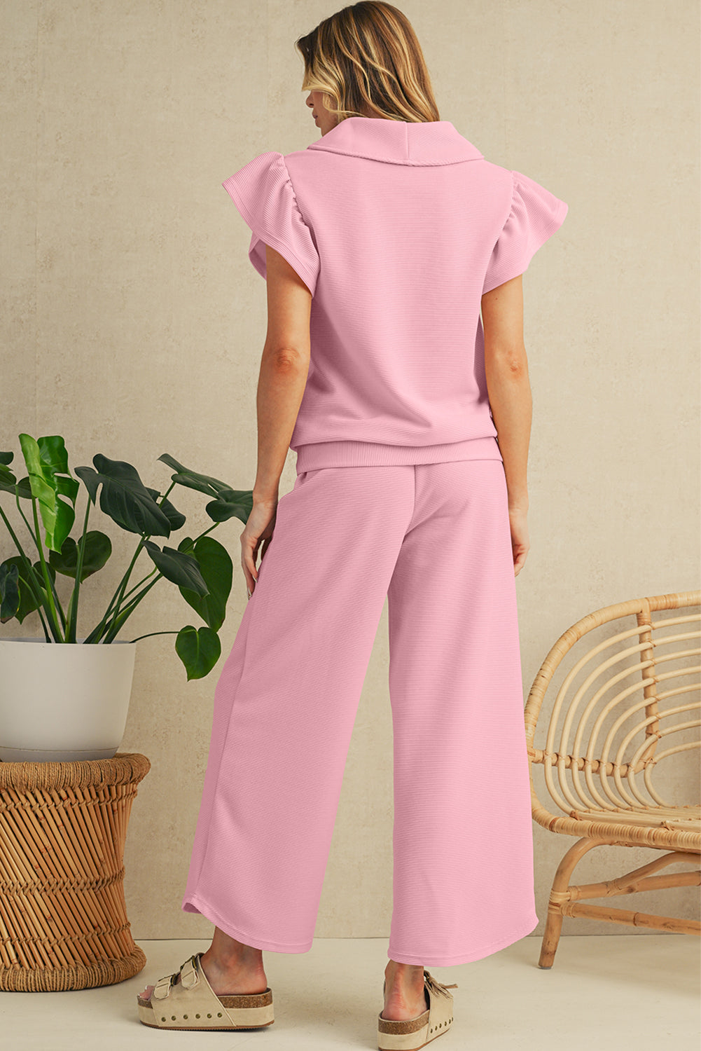 Textured Ruffle Sleeve Zipped Top and Wide Leg Pants Set