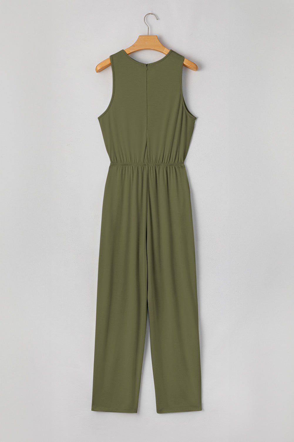 Solid Pleated Detail Sleeveless Elastic Waist Jumpsuit