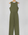 Solid Pleated Detail Sleeveless Elastic Waist Jumpsuit
