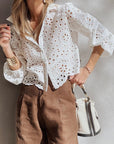 Eyelet Embroidered Puff Sleeve Cropped Shirt